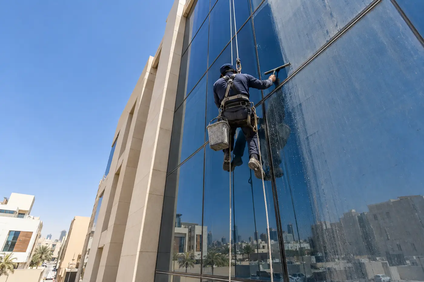 شركة تنظيف واجهات زجاجية: عامل يمسح زجاج واجهة عمارة بالرياض