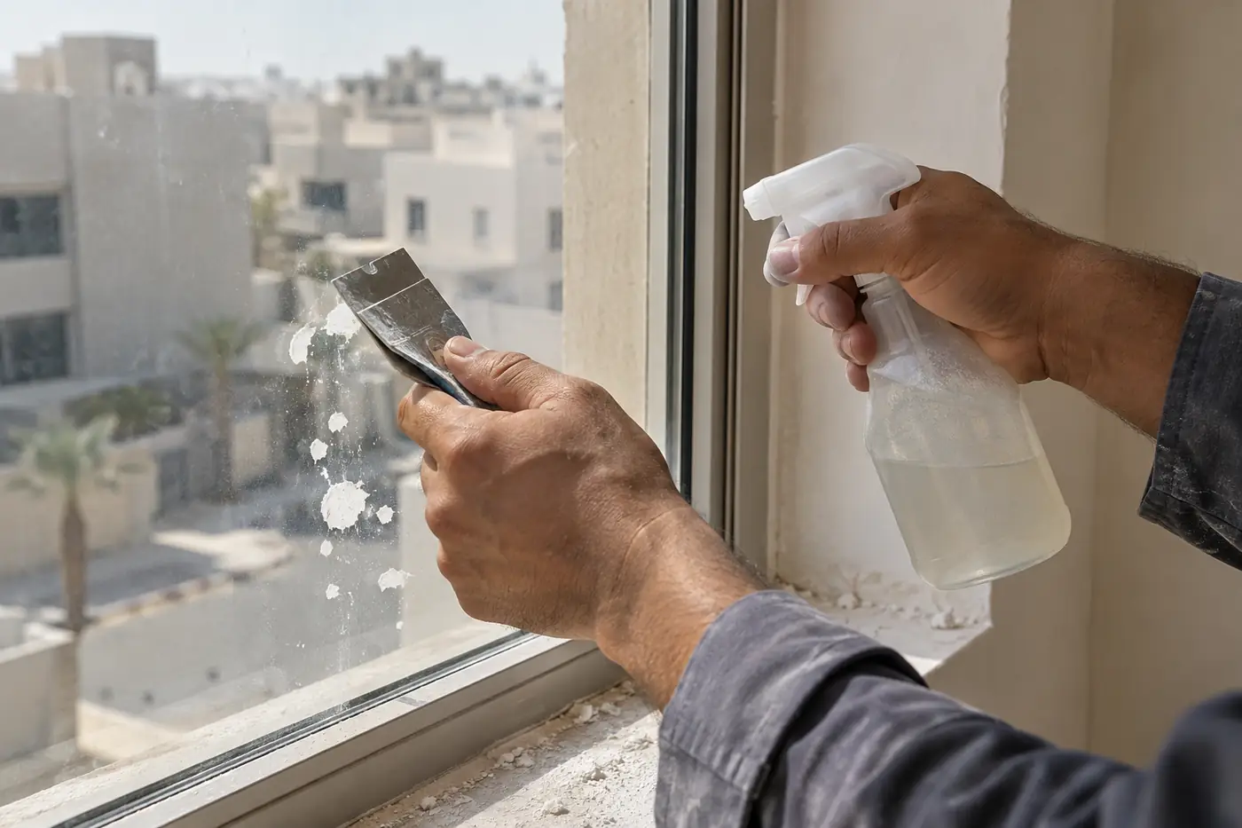 كشط نقاط الدهان عن زجاج نافذة بشفرة مبللة أثناء تنظيف شقة جديدة