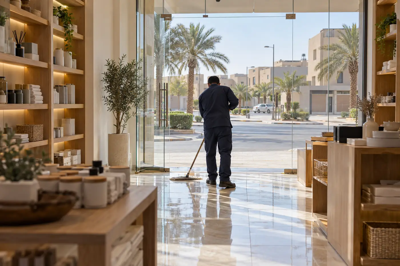 تنظيف محلات: عامل يمسح أرضية محل تجاري قبل الافتتاح